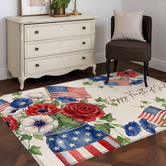Area Rug 36×60in, Independence Day American Flag Floor Carpet Living Room Rug, Red White Blue Flowers Non-Slip Welcome Mat Indoor Rugs for Bedroom Dining Room