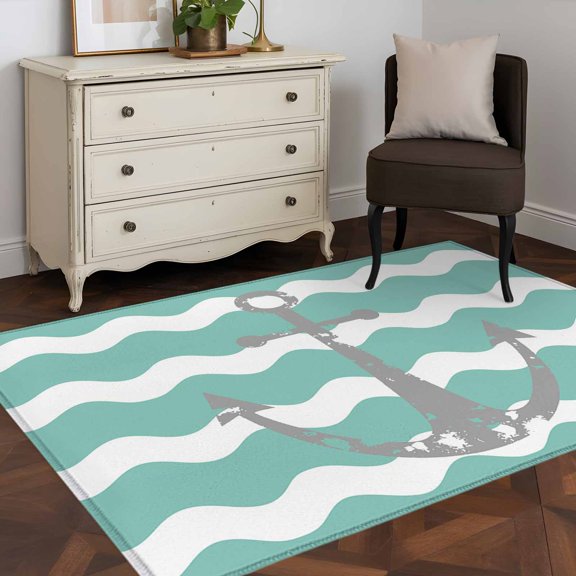 Area Rug 36×60in, Nautical Anchor Teal Zigzag Ripple Chevron Floor Carpet Living Room Rug, Grey Anchors Summer Ocean Theme Non-Slip Welcome Mat Indoor Rugs for Bedroom Dining Room