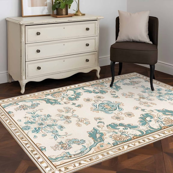 Area Rug 36×60in, Retro Bohemia Tribal Flower Border Floor Carpet Living Room Rug, Western Farmhouse Non-Slip Welcome Mat Indoor Rugs for Bedroom Dining Room