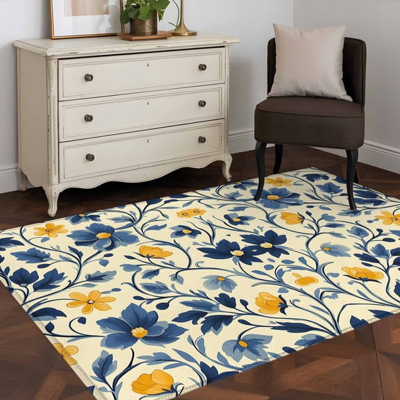 Area Rug 36×60in, Retro Country Farm Flowers Floor Carpet Living Room Rug, Blue Yellow Floral Leaves Non-Slip Welcome Mat Indoor Rugs for Bedroom Dining Room