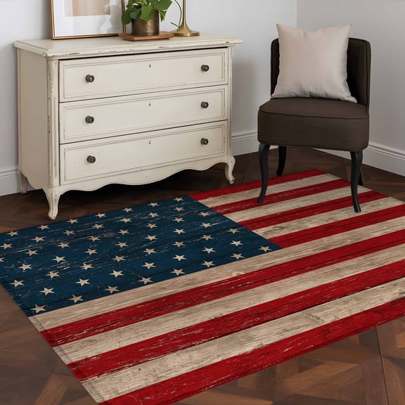 Area Rug 36×60in, Vintage Wood Plank American Flag Floor Carpet Living Room Rug, Independence Day Theme Non-Slip Welcome Mat Indoor Rugs for Bedroom Dining Room
