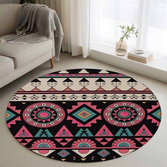 Area Rug 36in, Abstract Aztec Geometric Pattern Floor Carpet Living Room Rug, Retro Bohemian Style Non-Slip Welcome Mat Indoor Rugs for Bedroom Dining Room