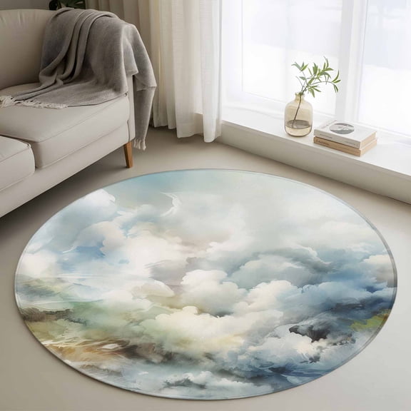 Area Rug 36in, Abstract Blue Sky White Cloud Floor Carpet Living Room Rug, Mountain Nubilous Landscape Non-Slip Welcome Mat Indoor Rugs for Bedroom Dining Room