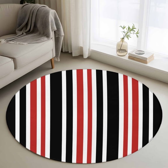 Area Rug 36in, Abstract Modern Lines Floor Carpet Living Room Rug, Red Black White Stripes Non-Slip Welcome Mat Indoor Rugs for Bedroom Dining Room