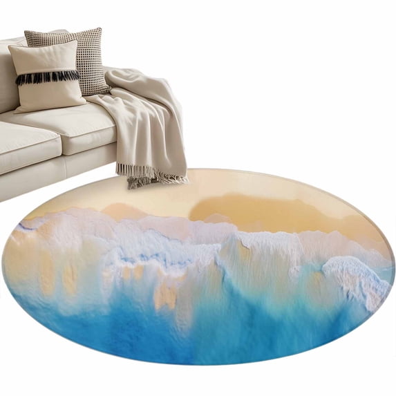 Area Rug 36in, Abstract Ocean Beach Wave Blue Sea Floor Carpet Living Room Rug, Seaside Painting Artwork Non-Slip Welcome Mat Indoor Rugs for Bedroom Dining Room