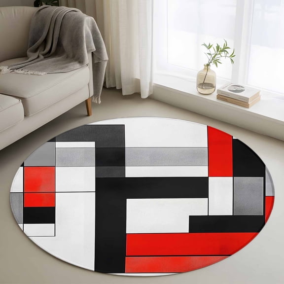 Area Rug 36in, Abstract Patchwork Square Floor Carpet Living Room Rug, Modern Geometric Red White Black Non-Slip Welcome Mat Indoor Rugs for Bedroom Dining Room
