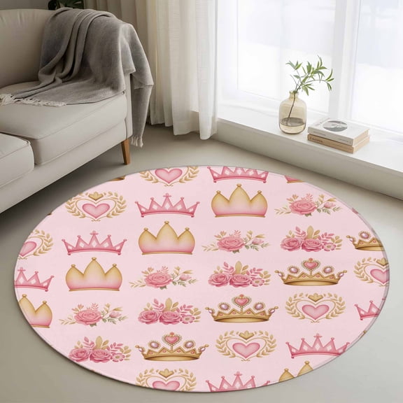 Area Rug 36in, Abstract Pink Flowers Princess Crown Floor Carpet Living Room Rug, Rose Love Heart Non-Slip Welcome Mat Indoor Rugs for Bedroom Dining Room