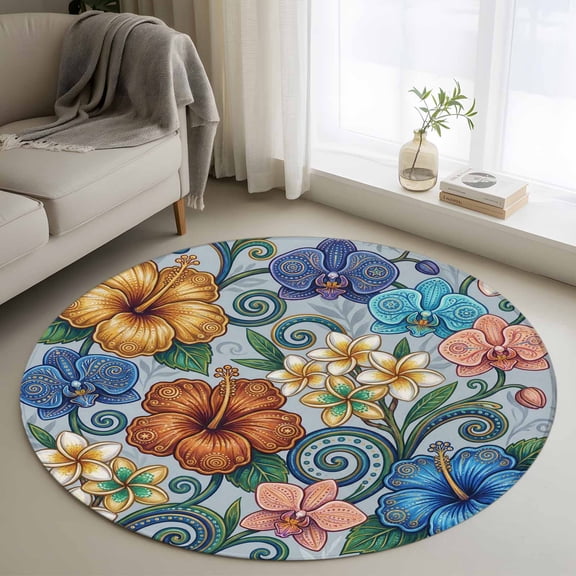 Area Rug 36in, Abstract Retro Boho Flower Floor Carpet Living Room Rug, Blue Gold Flower Green Leaf Non-Slip Welcome Mat Indoor Rugs for Bedroom Dining Room