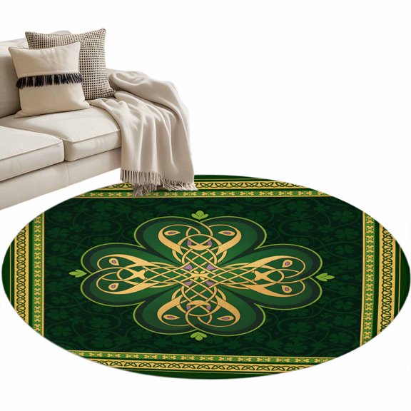 Area Rug 36in, Abstract Shamrock Celtic Knot Floor Carpet Living Room Rug, St. Patrick's Day Green Theme Non-Slip Welcome Mat Indoor Rugs for Bedroom Dining Room
