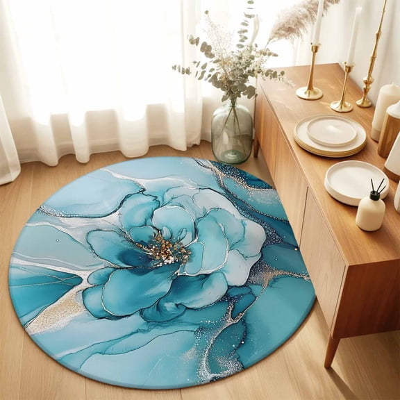 Area Rug 36in, Abstract Teal Flower Marble Style Floor Carpet Living Room Rug, Modern Floral Pattern Non-Slip Welcome Mat Indoor Rugs for Bedroom Dining Room