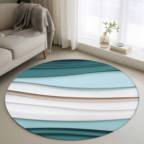 Area Rug 36in, Abstract Water Ripple Gradient Art Floor Carpet Living Room Rug, Teal White Stripe Beach Non-Slip Welcome Mat Indoor Rugs for Bedroom Dining Room
