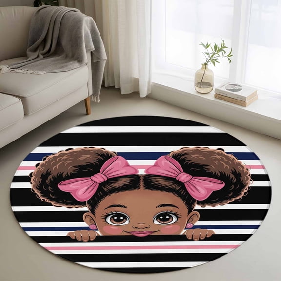 Area Rug 36in, African Black Girl Pink Bow Floor Carpet Living Room Rug, Black White Stripes Non-Slip Welcome Mat Indoor Rugs for Bedroom Dining Room