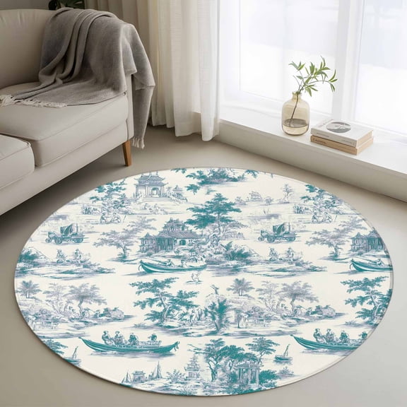 Area Rug 36in, Asian Scenic Boat Tree House Floor Carpet Living Room Rug, Retro Chinoiserie Style Non-Slip Welcome Mat Indoor Rugs for Bedroom Dining Room