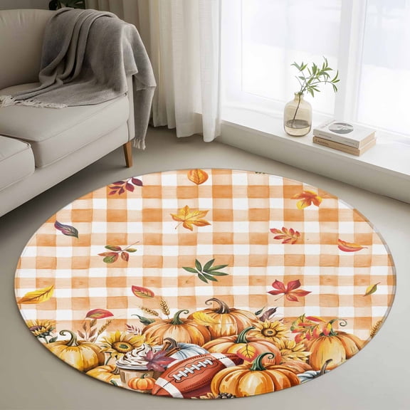 Area Rug 36in, Autumn Maple Leaves Thanksgiving Pumpkin Floor Carpet Living Room Rug, Fall Plaid Non-Slip Welcome Mat Indoor Rugs for Bedroom Dining Room