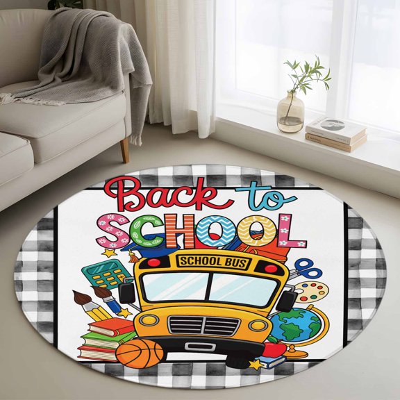 Area Rug 36in, Back to School Bus Book Globe Floor Carpet Living Room Rug, Basketball Brush Plaid Non-Slip Welcome Mat Indoor Rugs for Bedroom Dining Room
