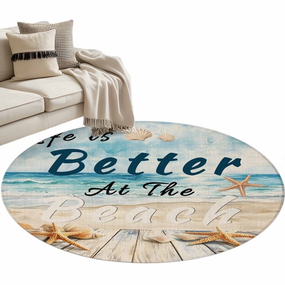 Area Rug 36in, Better Beach Life Art Floor Carpet Living Room Rug, Summer Ocean Starfish Shell Non-Slip Welcome Mat Indoor Rugs for Bedroom Dining Room