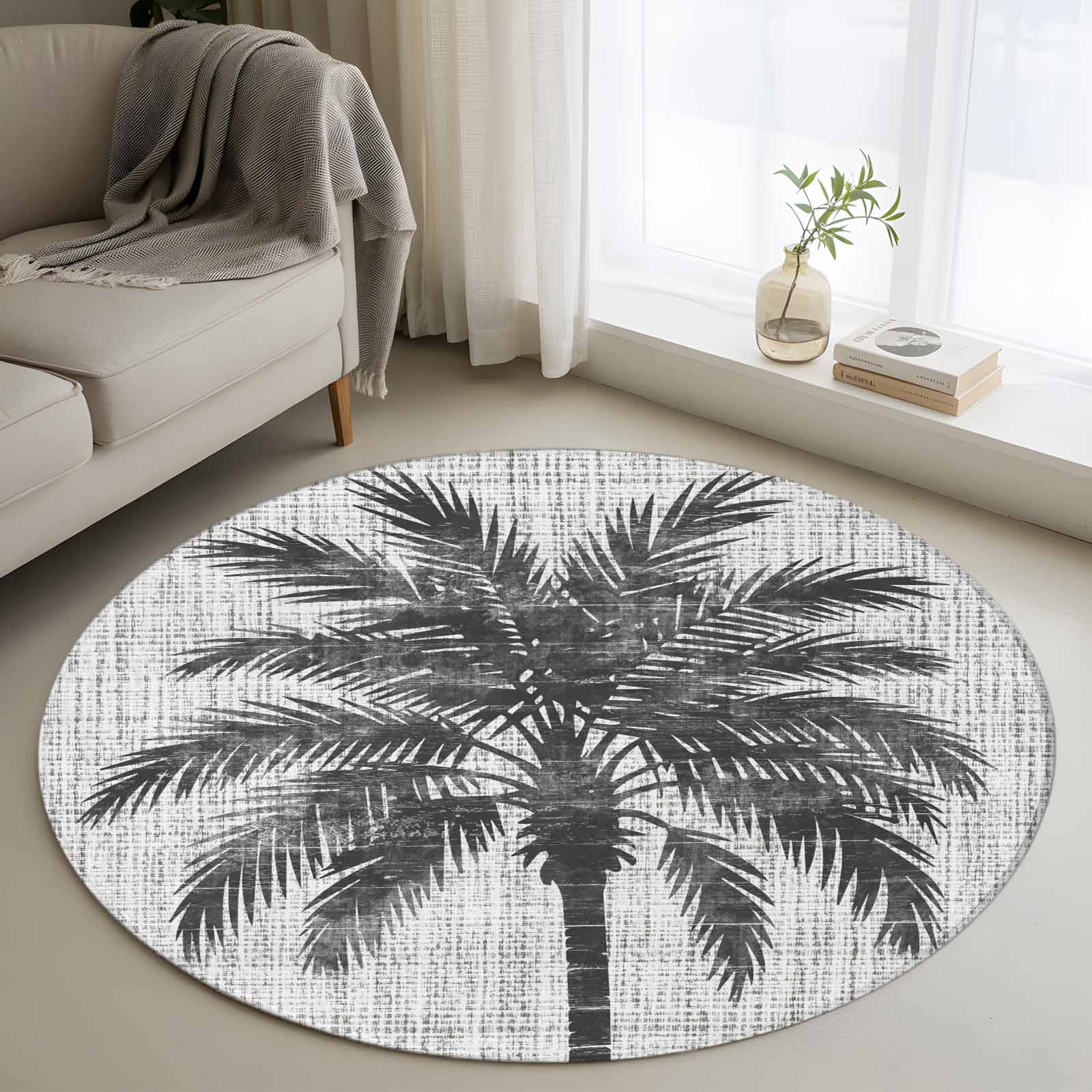 Area Rug 36in, Black Coconut Tree Sketch Floor Carpet Living Room Rug ...