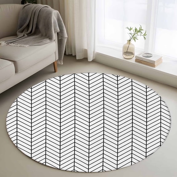 Area Rug 36in, Black White Chevron Texture Floor Carpet Living Room Rug, Modern Minimalist Geometric Art Non-Slip Welcome Mat Indoor Rugs for Bedroom Dining Room