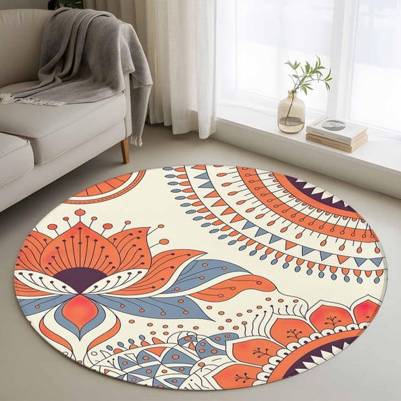 Area Rug 36in, Bohemian Aesthetic Flower on Retro Floor Carpet Living Room Rug, Abstract Polka Dot Non-Slip Welcome Mat Indoor Rugs for Bedroom Dining Room