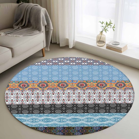 Area Rug 36in, Boho Stripe Abstract Ethnic Style Floor Carpet Living Room Rug, Polka Dot Patchwork Stripes Non-Slip Welcome Mat Indoor Rugs for Bedroom Dining Room