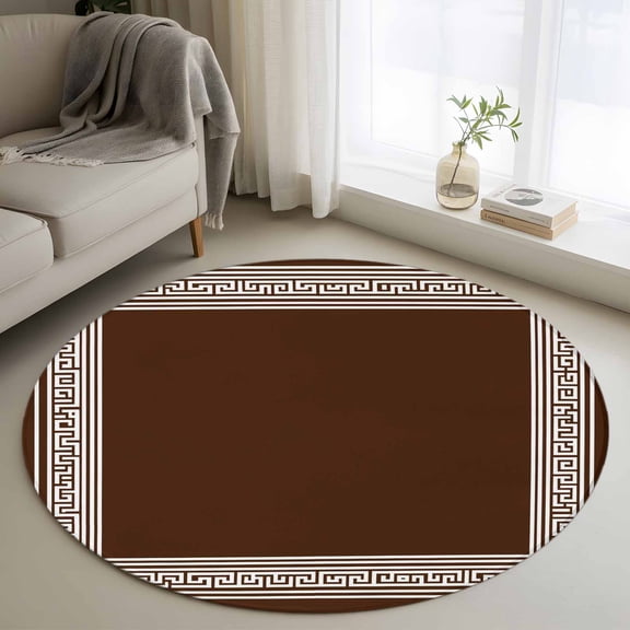 Area Rug 36in, Brown Greek Key Geometric Floor Carpet Living Room Rug, Vintage Ethnic Pattern Non-Slip Welcome Mat Indoor Rugs for Bedroom Dining Room