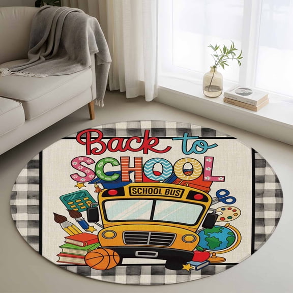 Area Rug 36in, Bus Book Globe Basketball Linen Floor Carpet Living Room Rug, Back to School Season Non-Slip Welcome Mat Indoor Rugs for Bedroom Dining Room