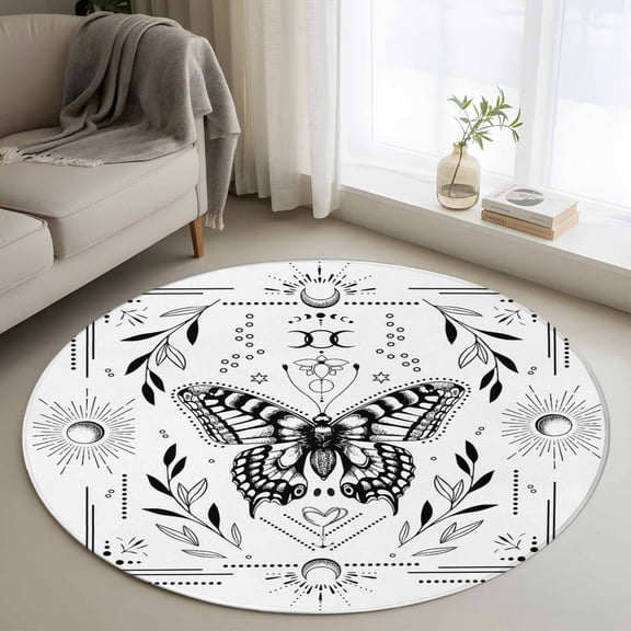 Area Rug 36in, Butterfly Leaves Sun and Moon Floor Carpet Living Room Rug, Abstract Line on White Non-Slip Welcome Mat Indoor Rugs for Bedroom Dining Room