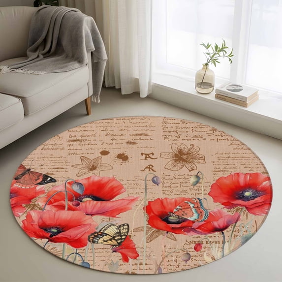 Area Rug 36in, Butterfly on Poppy Floral Floor Carpet Living Room Rug, Watercolor Red Flower on Vintage Texts Non-Slip Welcome Mat Indoor Rugs for Bedroom Dining Room