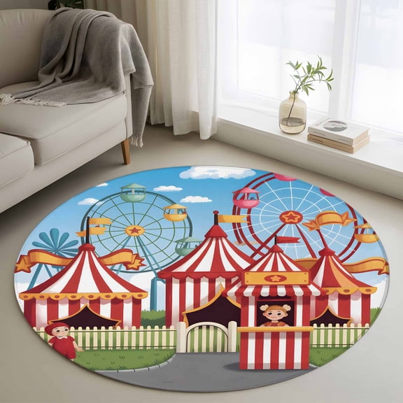 Area Rug 36in, Carnival Amusement Park Floor Carpet Living Room Rug, Cartoon Wheelwheels Cute Kid Non-Slip Welcome Mat Indoor Rugs for Bedroom Dining Room