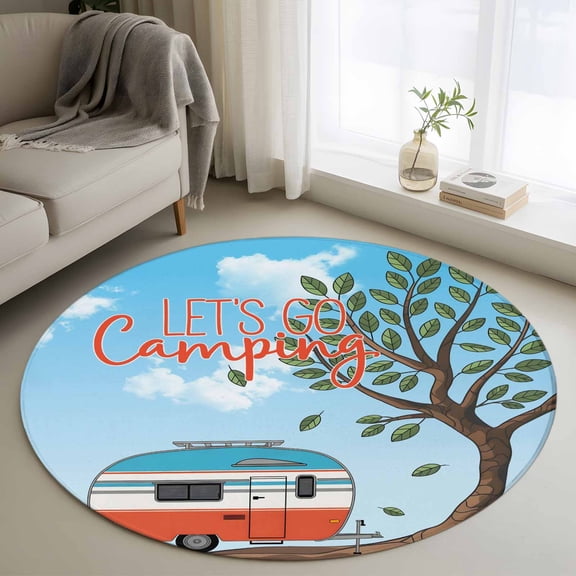 Area Rug 36in, Cartoon Caravan Summer Forest Floor Carpet Living Room Rug, Let's Go Camping Quote Non-Slip Welcome Mat Indoor Rugs for Bedroom Dining Room