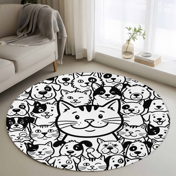 Area Rug 36in, Cartoon Cat Farmhouse Dog Floor Carpet Living Room Rug, Funny Animal Non-Slip Welcome Mat Indoor Rugs for Bedroom Dining Room