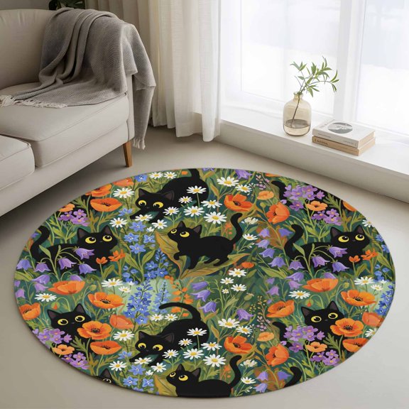 Area Rug 36in, Cartoon Cute Black Cats Floor Carpet Living Room Rug, Wildflowers Yumeans Daisy Non-Slip Welcome Mat Indoor Rugs for Bedroom Dining Room