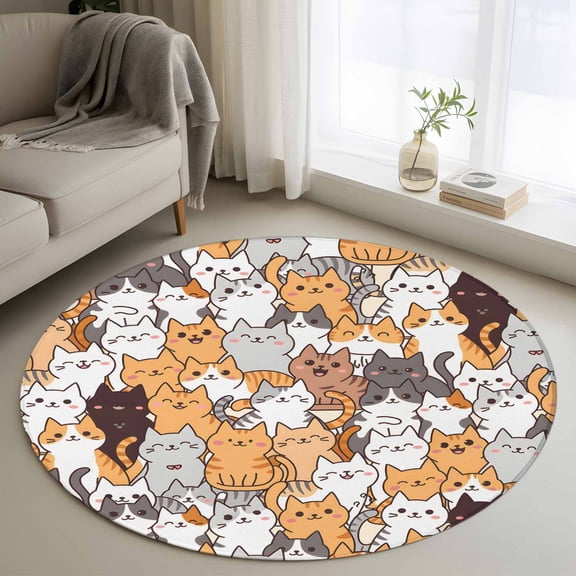 Area Rug 36in, Cartoon Cute Kitty Floor Carpet Living Room Rug, Modern Funny Pet Cat Non-Slip Welcome Mat Indoor Rugs for Bedroom Dining Room