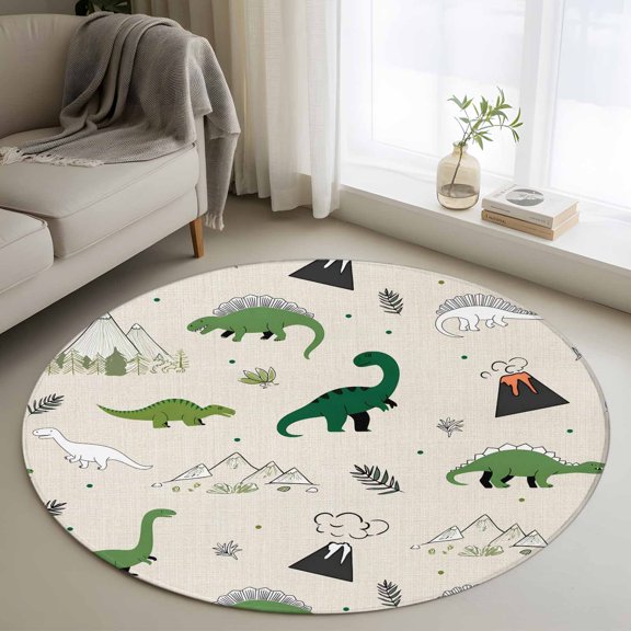 Area Rug 36in, Cartoon Dinosaurs Mountain Floor Carpet Living Room Rug, Botanical Leaves Sketch on Linen Non-Slip Welcome Mat Indoor Rugs for Bedroom Dining Room