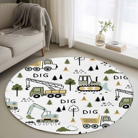 Area Rug 36in, Cartoon Tractor Digger Shovel Floor Carpet Living Room Rug, Cute Truck Car Themed Non-Slip Welcome Mat Indoor Rugs for Bedroom Dining Room