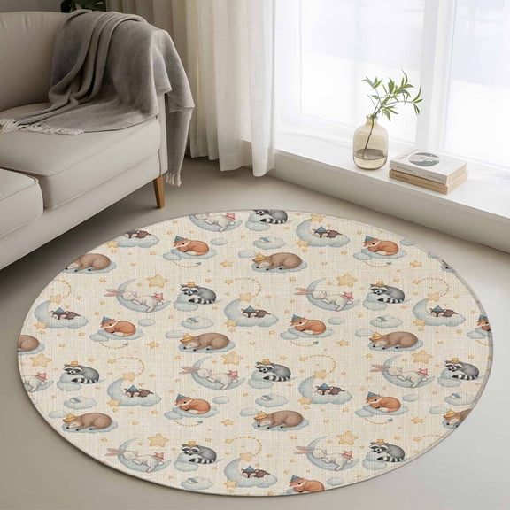 Area Rug 36in, Cartoons Cute Rabbits Raccoons Foxes Floor Carpet Living Room Rug, Vintage Animals Non-Slip Welcome Mat Indoor Rugs for Bedroom Dining Room