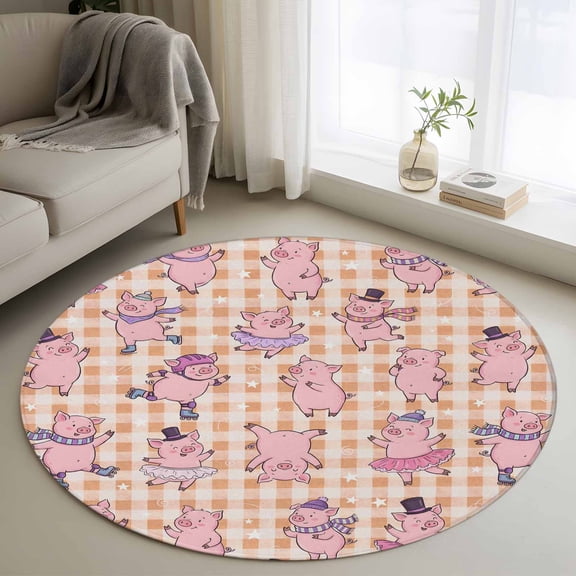 Area Rug 36in, Children's Day Cute Cartoon Pink Pig Floor Carpet Living Room Rug, Yellow Buffalo Plaid Non-Slip Welcome Mat Indoor Rugs for Bedroom Dining Room