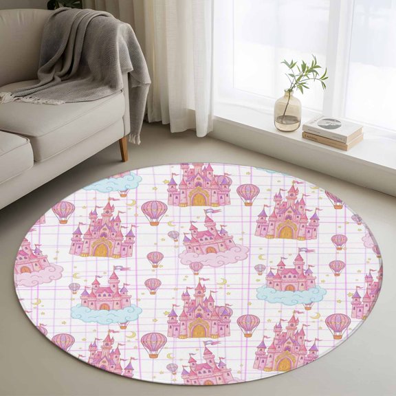 Area Rug 36in, Children's Day Pink Dream Castle Balloons Floor Carpet Living Room Rug, Blue Cloud Non-Slip Welcome Mat Indoor Rugs for Bedroom Dining Room