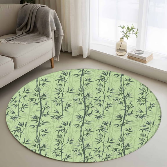 Area Rug 36in, Chinese Forest Plant Sketch Floor Carpet Living Room Rug, Botanical Leaves on Green Non-Slip Welcome Mat Indoor Rugs for Bedroom Dining Room