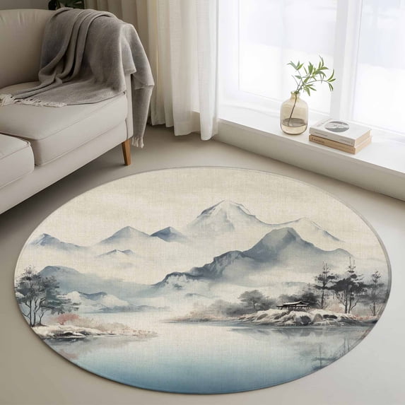 Area Rug 36in, Chinese Ink Painting Mountain Forest Floor Carpet Living Room Rug, Farmhouse on Linen Non-Slip Welcome Mat Indoor Rugs for Bedroom Dining Room