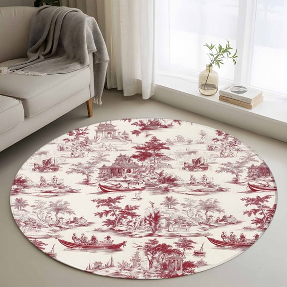Area Rug 36in, Chinese Style Asian Scenic Garden Floor Carpet Living Room Rug, Chinoiserie Retro Landscape Non-Slip Welcome Mat Indoor Rugs for Bedroom Dining Room