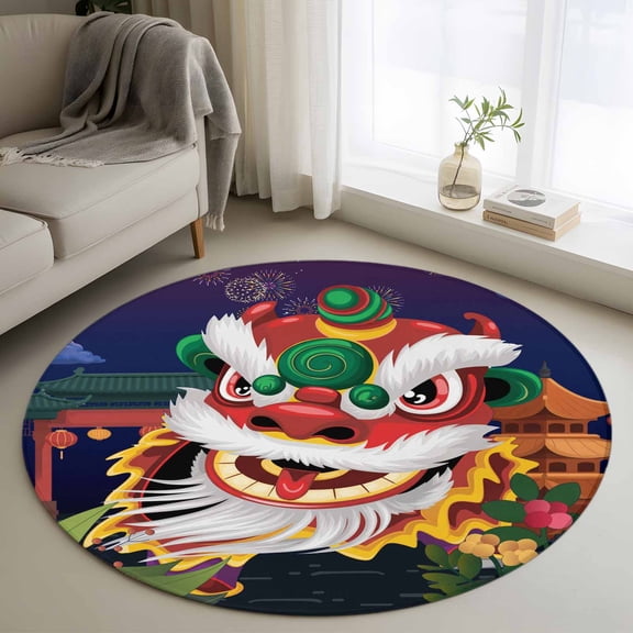 Area Rug 36in, Chinese Wind Lion Dance Floor Carpet Living Room Rug, New Year Painting Non-Slip Welcome Mat Indoor Rugs for Bedroom Dining Room