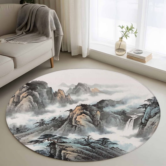 Area Rug 36in, Chinese Wind Mountain Water Floor Carpet Living Room Rug, Water Ink Painting Gradient Non-Slip Welcome Mat Indoor Rugs for Bedroom Dining Room