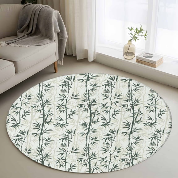 Area Rug 36in, Chinoiserie Minimalist Forest Floor Carpet Living Room Rug, Green Botanical Plants Non-Slip Welcome Mat Indoor Rugs for Bedroom Dining Room