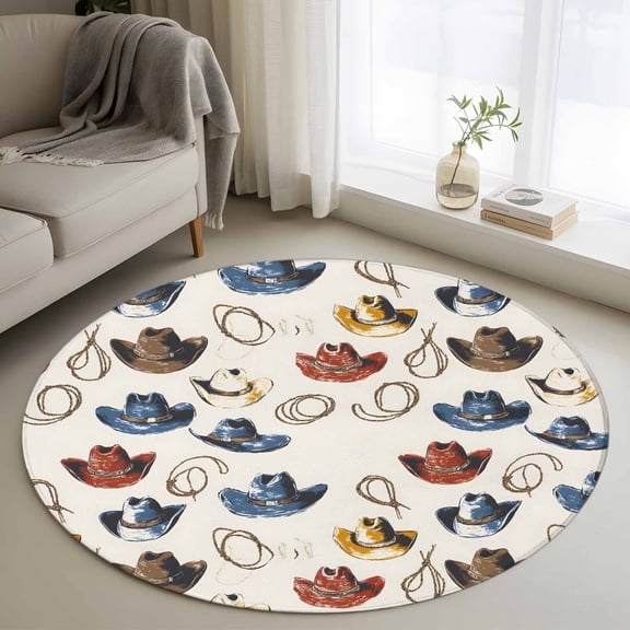Area Rug 36in, Classic Western Cowboy Desert Floor Carpet Living Room Rug, Watercolor Red Blue Hat Non-Slip Welcome Mat Indoor Rugs for Bedroom Dining Room
