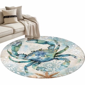 Area Rug 36in, Coastal Crab Ocean Starfish Shell Floor Carpet Living Room Rug, Blue Gradient Retro Back Non-Slip Welcome Mat Indoor Rugs for Bedroom Dining Room