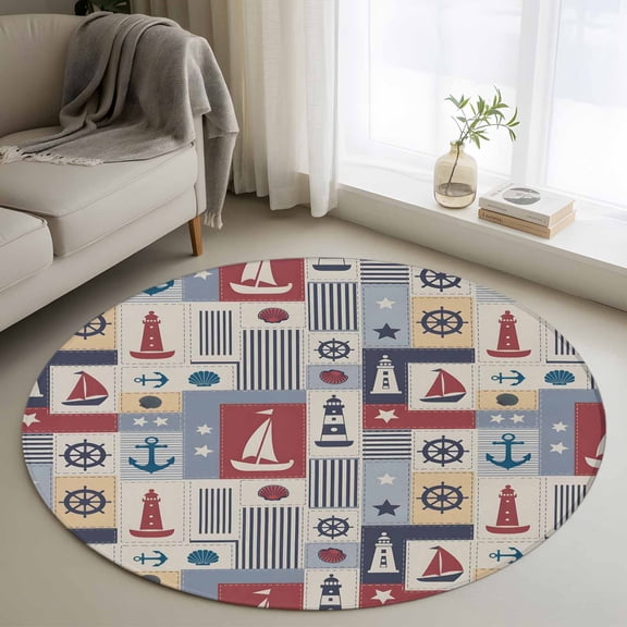 Area Rug 36in, Coastal Ocean Sailboat Anchor Stripe Floor Carpet Living Room Rug, Retro Rudder Lighthouse Non-Slip Welcome Mat Indoor Rugs for Bedroom Dining Room