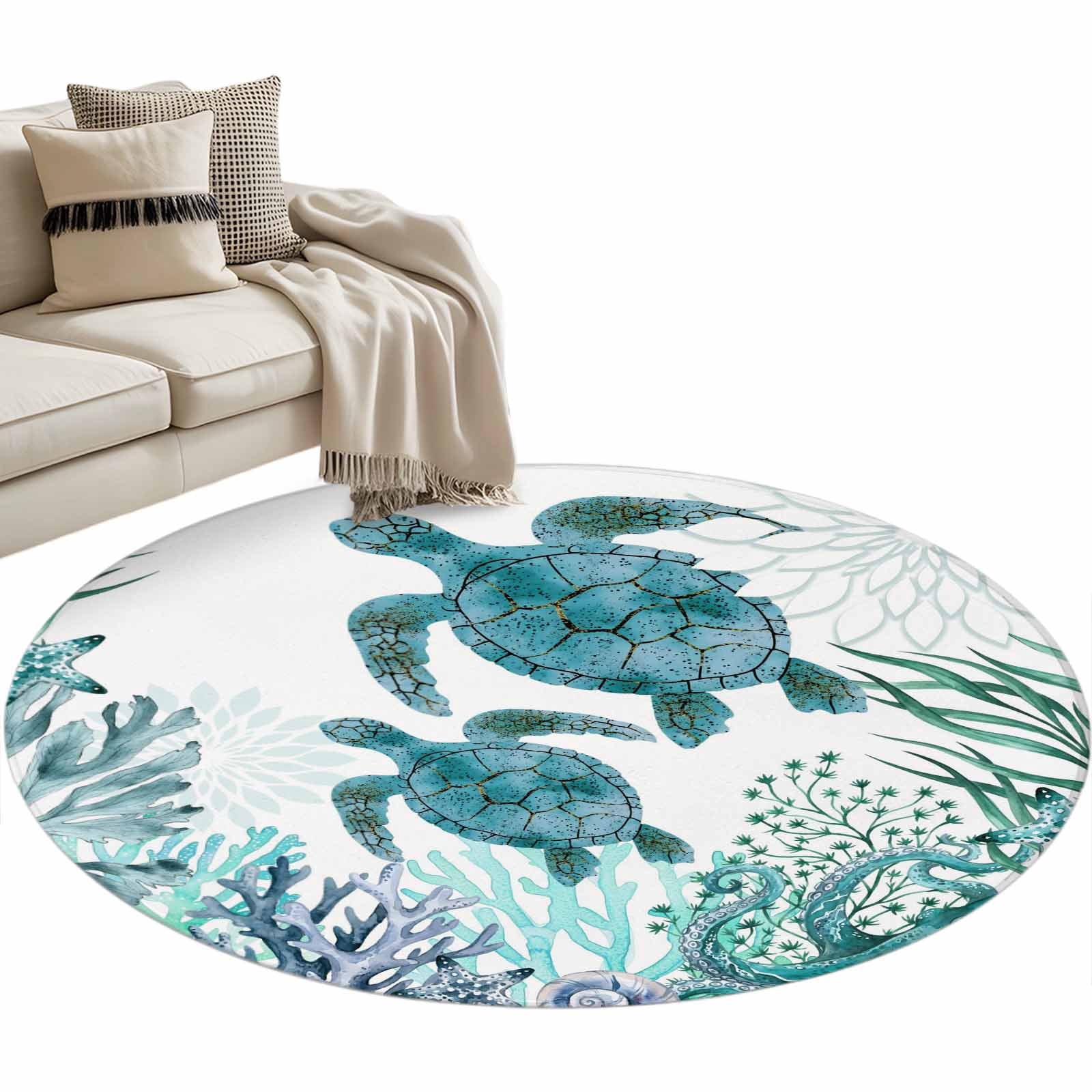 Area Rug 36in, Coastal Sea Turtle Coral Floor Carpet Living Room Rug ...