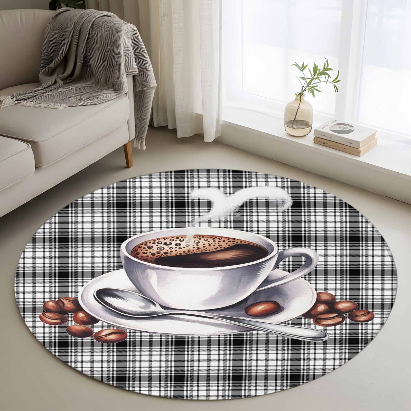 Area Rug 36in, Coffee Beans Cup Black White Buffalo Plaid Floor Carpet ...