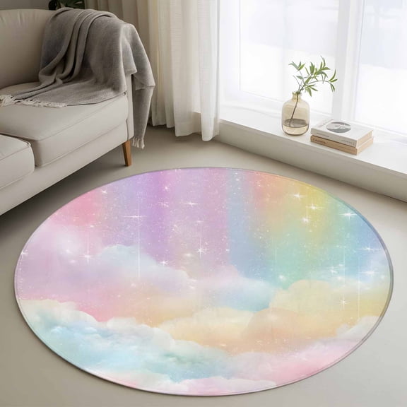 Area Rug 36in, Colorful Cloud Rainbow Floor Carpet Living Room Rug, Dreamy Cloud Sky Star Non-Slip Welcome Mat Indoor Rugs for Bedroom Dining Room